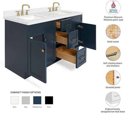 DKB Bradford 60" Midnight Blue Double Bathroom Vanity with Sink, 1.5" Pure White Quartz Countertop, Rectangular Undermount Sinks, Soft Closing Doors & Dovetail Drawers, Satin Brass