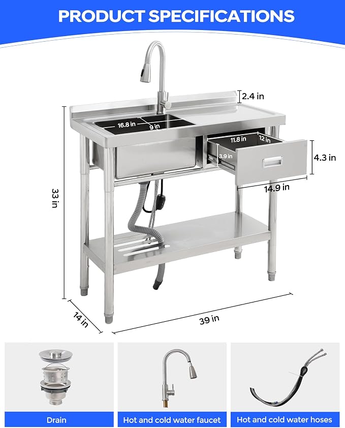 Free Standing Utility Sink, 39" Single Bowl Stainless Steel Commercial Sink with Drawers, Cold and Hot Water Pipe & Workbench, for Kitchen, Laundry | Commercial Sink with Drawers, Cold and Hot Water Pipe & Workbench, for Kitchen, Laundry