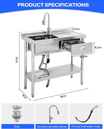 Free Standing Utility Sink, 39" Single Bowl Stainless Steel Commercial Sink with Drawers, Cold and Hot Water Pipe & Workbench, for Kitchen, Laundry | Commercial Sink with Drawers, Cold and Hot Water Pipe & Workbench, for Kitchen, Laundry