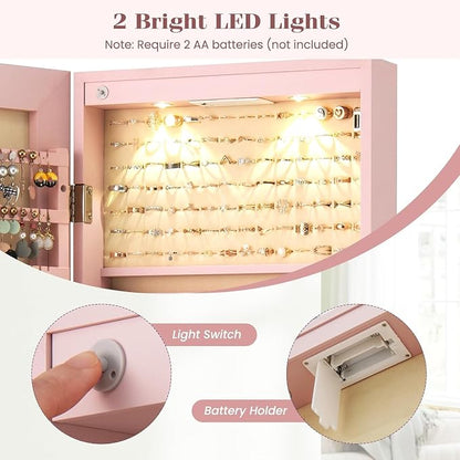 LOKO Mirrored Jewelry Armoire, Wall/Door Mounted Jewelry Cabinet with Full-Length Mirror, Lockable Jewelry Storage Organizer with 2 Drawers & 2 LED Lights, for Girls Women Gift Bedroom (Light Pink)