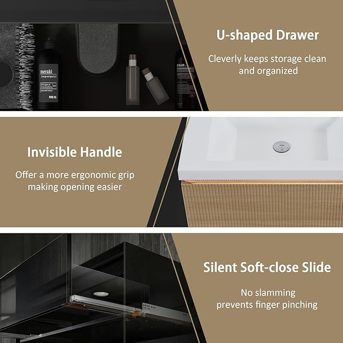 24 Inch Floating Bathroom Vanity with Sink, Natural Oak | Storage Cabinet Wall Mounted Striped Cabinet, Glossy White Solid Surface Basin, Soft Close Drawers, Fully Assembled