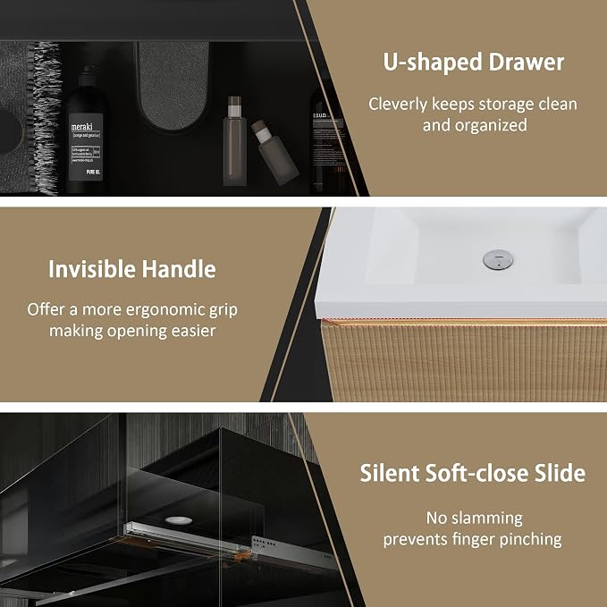 30" Floating Bathroom Vanity with Sink, Wall-Mounted Modern Oak Storage Cabinet, Wave-Textured Soft-Close Drawer & Glossy White Solid Surface Basin, Natural Oak