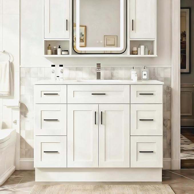 Large 48 Inch Bathroom Vanity with Ceramic Sink and 6 Soft-Close Drawers, Spacious White Cabinet with Thickened Construction