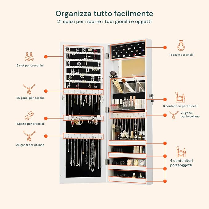 Avilia Jewellery Cabinet with Mirror 110 x 37 x 10 cm in Ultra Sturdy MDF - Space-Saving Jewellery and Accessories Organizer with Secure Key Lock, Wall or Door Mounting