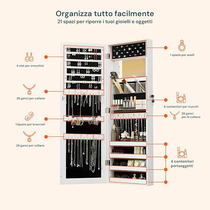 Avilia Jewellery Cabinet with Mirror 110 x 37 x 10 cm in Ultra Sturdy MDF - Space-Saving Jewellery and Accessories Organizer with Secure Key Lock, Wall or Door Mounting
