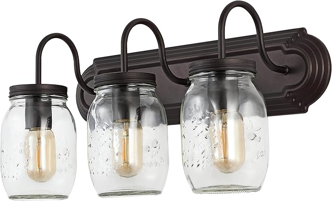 JONATHAN Y 19.3" Oil Rubbed Bronze 3-Light Iron and Glass Mason Jar Vanity Light, Farmhouse Industrial Rustic Wall Sconce for Bathroom, UL Listed, LED Bulbs Included JYL7801A