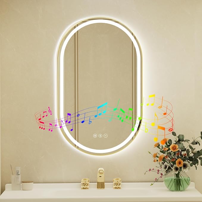 22x36 Inch Oval Gold Framed LED Bathroom Mirror with Lights, Built-in Bluetooth Speaker,Tempered Glass,Dimmable Lighted Bathroom Vanity Mirror with 3 Colors, Backlit + Frontlit, Memory, Anti-Fog