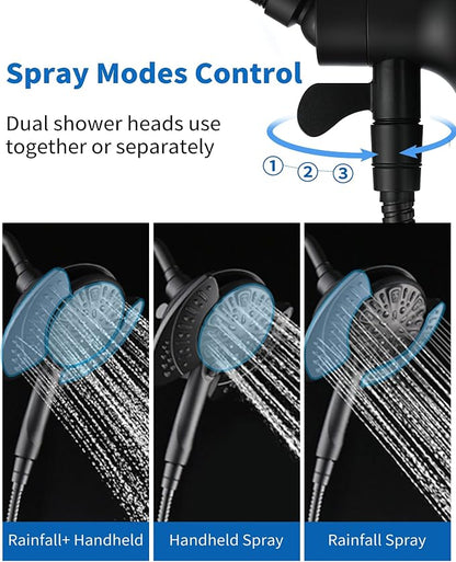 2 in 1 Shower Head with Handheld Combo High Pressure Black 2.5 GPM | 7.2" Rain Showerhead and 9 Spray Hand Held Shower, Adjustable Shower Angle, 59-inch Rotatable Stainless Steel Hose