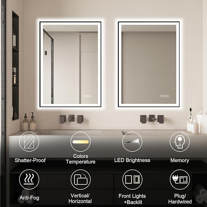 20x28 inches Rectangular Aluminum Black Framed LED Mirror, Smart Bathroom Mirror with Lights, Anti-Fog, Tempered Glass, 3 Colors Dimmable, Front and Backlit, Wall Mounted, Memory