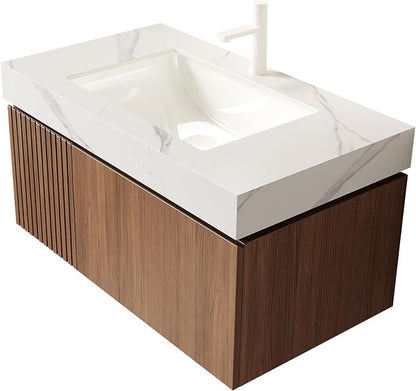 KEIKI 36 Inch Floating Bathroom Vanity with Sink, Brown Oak & White | Modern Wall Mounted Storage Cabinet w/ Drawer & Door, Pre-assembled Wood Panels, Sintered Stone Top & Ceramic Basin Combo Set