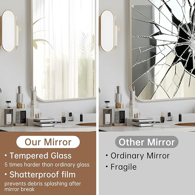 Brushed Nickel Mirror, 30"x36" Rectangle Bathroom Mirror, Metal Frame Rectangle Corner Vanity Mirror, Wall Mounted Mirror for Modern, Living Room, Bedroom, Horizontal Or Vertical