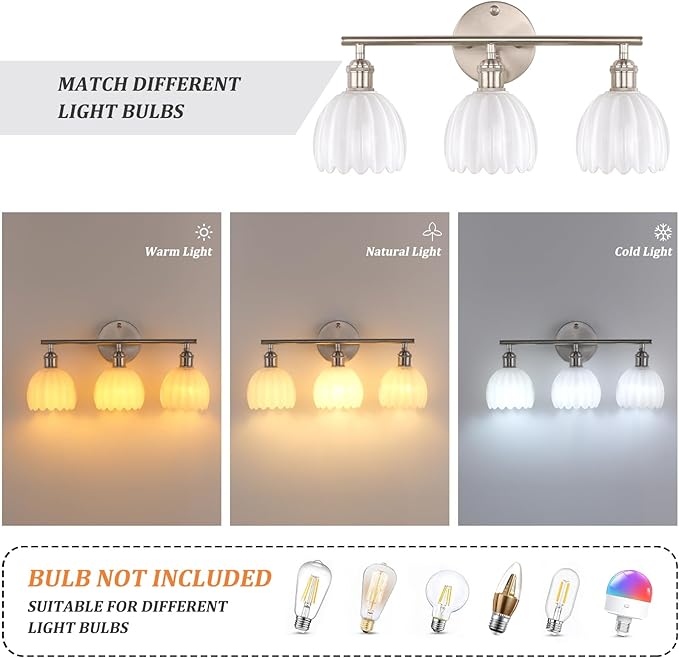 Bathroom Light Fixtures, 3-Light Vanity wall Light Over Mirror with White Tulip Glass Shade for Bedroom Living Room (Bulb Not Included), Satin Nickel