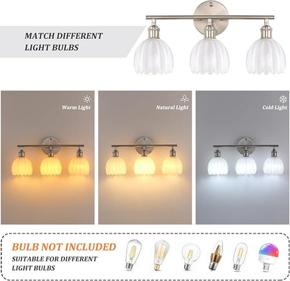 Bathroom Light Fixtures, 3-Light Vanity wall Light Over Mirror with White Tulip Glass Shade for Bedroom Living Room (Bulb Not Included), Satin Nickel