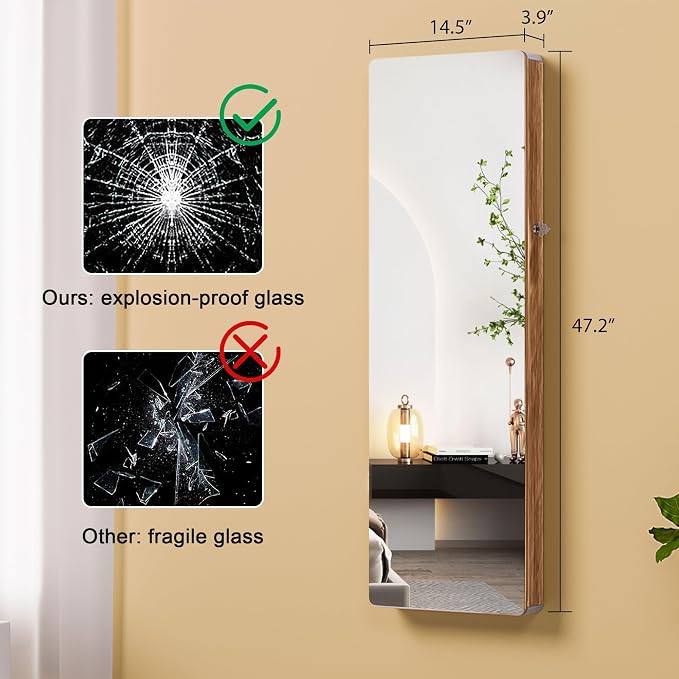 HNEBC Over the Door Jewelry Organizer with LED Lights, 47.2" Full Length Mirror with Storage, Wall Mounted Jewelry Armoire, Hanging Mirror with 2 Drawers,Lokable,3 Shelves(Wood)