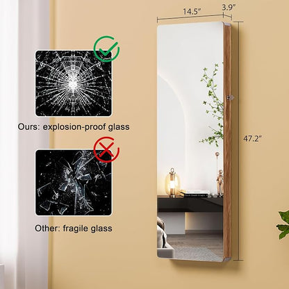 HNEBC Over the Door Jewelry Organizer with LED Lights, 47.2" Full Length Mirror with Storage, Wall Mounted Jewelry Armoire, Hanging Mirror with 2 Drawers,Lokable,3 Shelves(Wood)