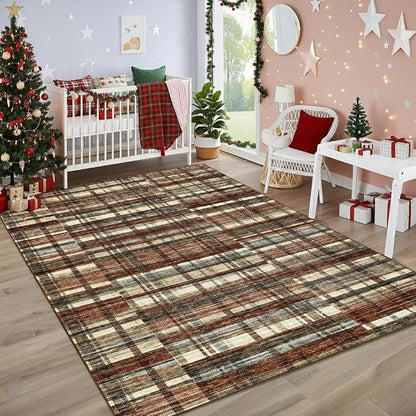 Living Room Rug 8x10 Area Rugs for Living Room Christmas Washable Rug Non Slip Modern Plaid Throw Rugs Low Pile Area Rugs for Bedroom Stain Resistant Carpet for Classroom Office Red 8'x10'
