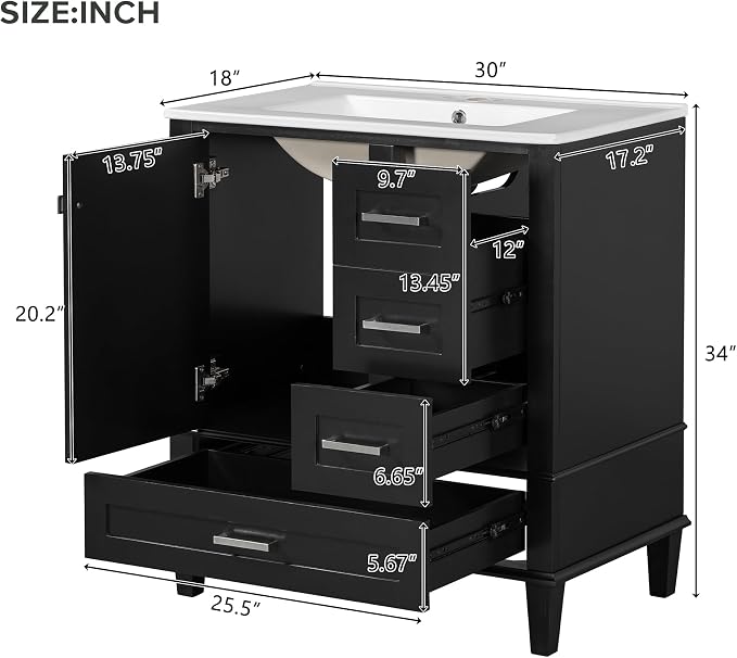 30" Bathroom Vanity with Smooth Ceramic Sink Combo, Free Standing Single Basin Vanity Set with 3 Drawers,Solid Wood Bathroom Cabine for Bathroom,Black