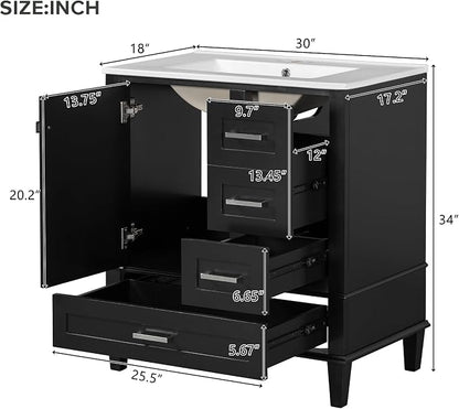 30" Bathroom Vanity with Smooth Ceramic Sink Combo, Free Standing Single Basin Vanity Set with 3 Drawers,Solid Wood Bathroom Cabine for Bathroom,Black