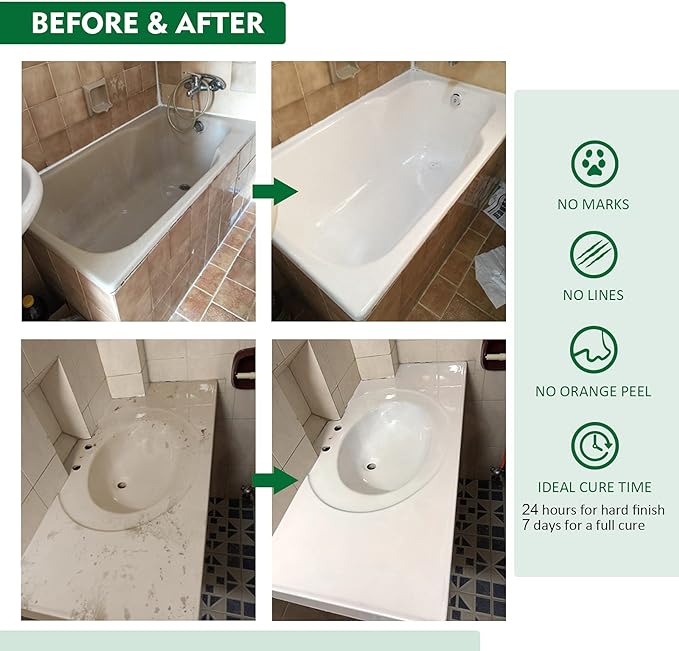 NADAMOO Tub and Tile Refinishing Kit (3kg / 105 oz, with tools, White), DIY Bathtub Sink Countertop Paint Resurface Kit for Bathroom Kitchen Porcelain Fiberglass, Semi-gloss
