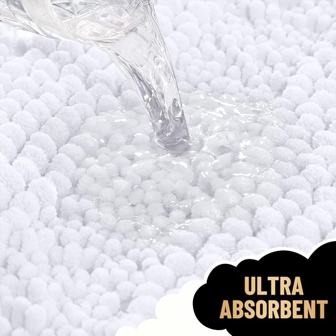 OLANLY Thick Bathroom Rugs 34x21, Soft Chenille Striped Bath Rugs, White | Rubber Backing, Machine Wash, Extra Absorbent Bath Mats for Bathroom Floor, Tub and Shower, Home Decor Accessories