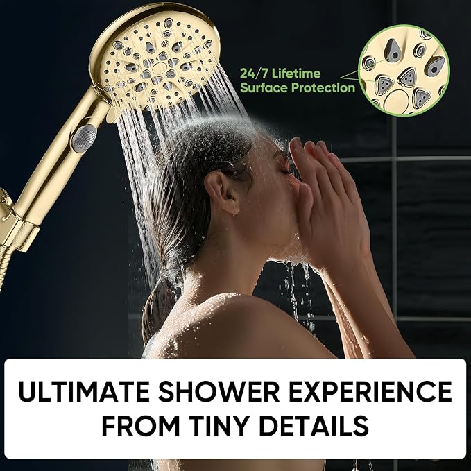 Cobbe 9 Spray Modes Handheld Shower Head, Water-Saving, Gold | Power Rinse, 1-Click Pause & Flow Control, 6ft Stainless Steel Hose, Adjustable Brass Bracket