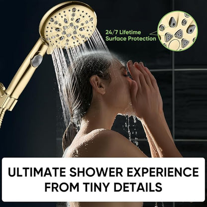 Cobbe 9 Spray Modes Handheld Shower Head, Water-Saving, Gold | Power Rinse, 1-Click Pause & Flow Control, 6ft Stainless Steel Hose, Adjustable Brass Bracket