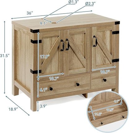 36" Natural Color Bathroom Vanity, Rustic Fixture Standing Pedestal Cabinet with Black and White Ceramic Boat Sink