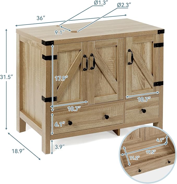 36" Natural Color Bathroom Vanity, Rustic Fixture Standing Pedestal Cabinet with Silver Leaf Sink