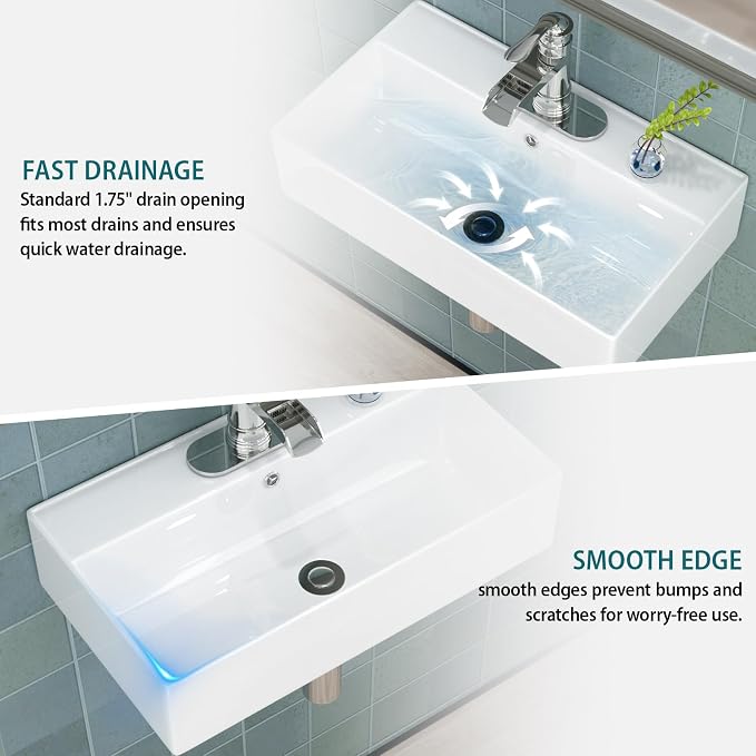 21"x12" White Ceramic Wall Mount Floating Bathroom Vessel Sink | Wall Mount Bathroom Sink Rectangle Vanity Vessel Bathroom Sink