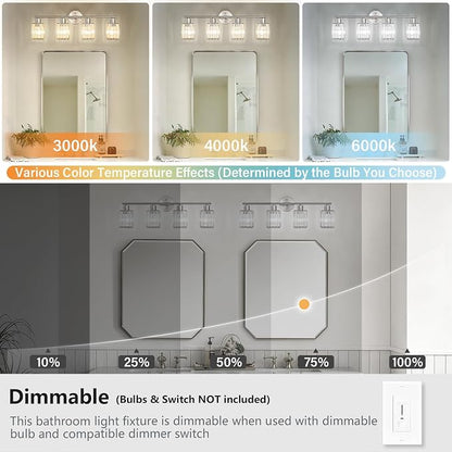 4 Light Bathroom Light Fixtures, Modern Crystal Vanity Lights over Mirror | Metal Frame, Bathroom Light with Square Crystal Shade, ETL Certified, E26 Ceramic Socket, Bulbs Not Included