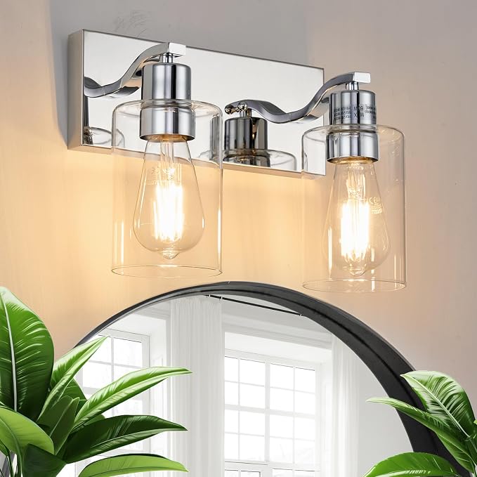 2 Lights Bathroom Light Fixtures Chrome Vanity Light with Clear Glass Shade 13in Modern Bathroom Lighting Fixtures Over Mirror for Bedroom/Living Room