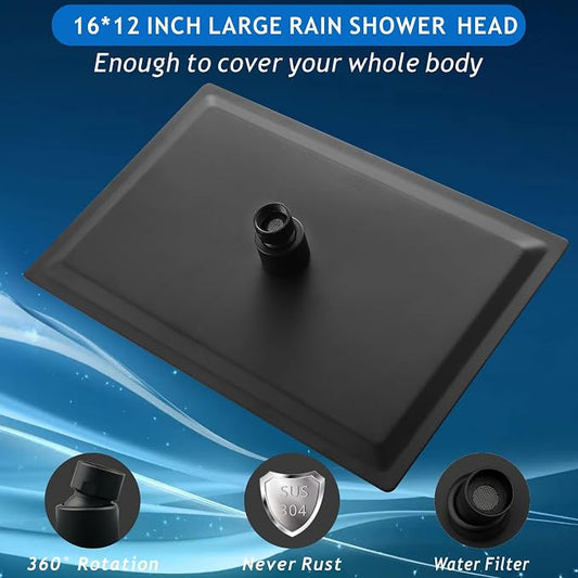 Voolan Extra Large Rain Shower Head - High Flow Square Rainfall Showerhead - Waterfall Full Body Coverage - Universal Ceiling or Wall Mount (16 * 12 Inch Rectangle, Matte Black)