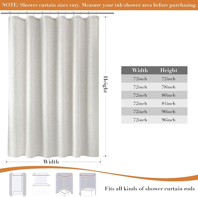 Linen Shower Curtain for Bathroom 78 Inches Length Boho Color | Weighted Fabric Bath Curtains with Hooks, Water Repellent, Neutral Boho Farmhouse, Simple Luxury Shower Decor, 1 Panel, 72x78