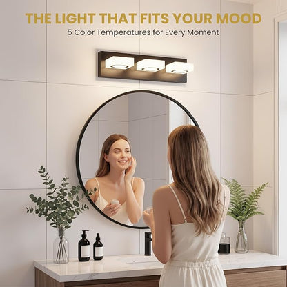Bathroom Vanity Light, 3-Light 16 Inch Matte Black 5CCT 2700-6500K LED Bathroom Light Fixtures Over Mirror, Vanity Lighting Modern Bath Wall Sconce for Mirror Bedroom Living Room
