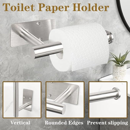 5 PCS Self Adhesive Bathroom Hardware Set,Stainless Steel Towel Rack Set Include 16In Bath Towel Bar+Toilet Paper Holder+3 Towel/Robe Hooks Wall Mounted Bathroom Accessory Kit(Brushed Nickel)