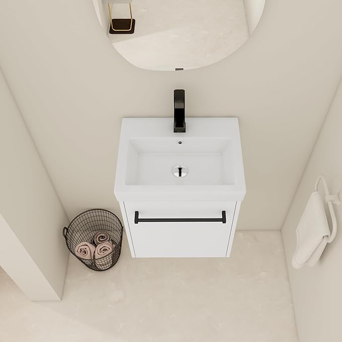 KEIKI 18'' Bathroom Vanity Cabinet with Sink, Wall Mounted Floating Bathroom Vanity with Soft-Close Cabinet Door, for Small Bathroom, Glossy White
