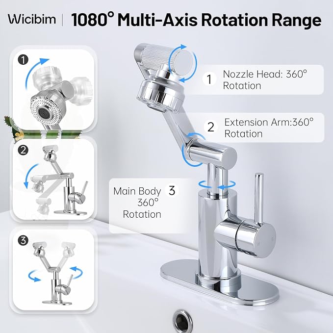Wicibim Chrome Bathroom Sink Faucet, Stainless Steel 1080° Rotatable, Single Handle, 1 or 3 Hole, 2 Water Outlet Modes with Hot and Cold Hoses,Swivel Faucet