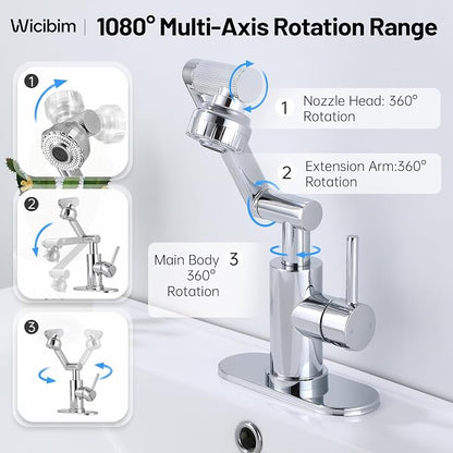 Wicibim Chrome Bathroom Sink Faucet, Stainless Steel 1080° Rotatable, Single Handle, 1 or 3 Hole, 2 Water Outlet Modes with Hot and Cold Hoses,Swivel Faucet