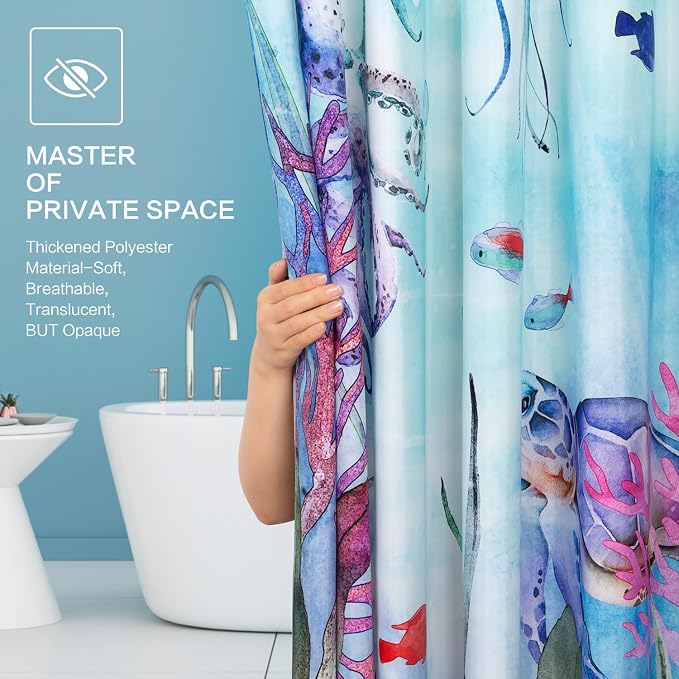 Ocean Shower Curtain, Kids Shower Curtain for Bathroom 72x72 | Marine Life Beach Shower Curtain Set with Hooks Quick-dry Waterproof Machine Washable Bath Curtains