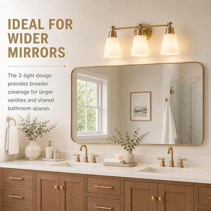 3-Light Bathroom Vanity Light, Gold Finish with Milk Glass Shades, Over Mirror, for Bathroom Vanity