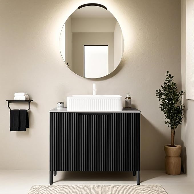 30" Bathroom Vanity with Sink, Modern Bathroom Storage Cabinet with White Rectangular Ceramic Basin and Sintered Stone Countertop, Soft Closing, Freestanding Bathroom Vanities, Black