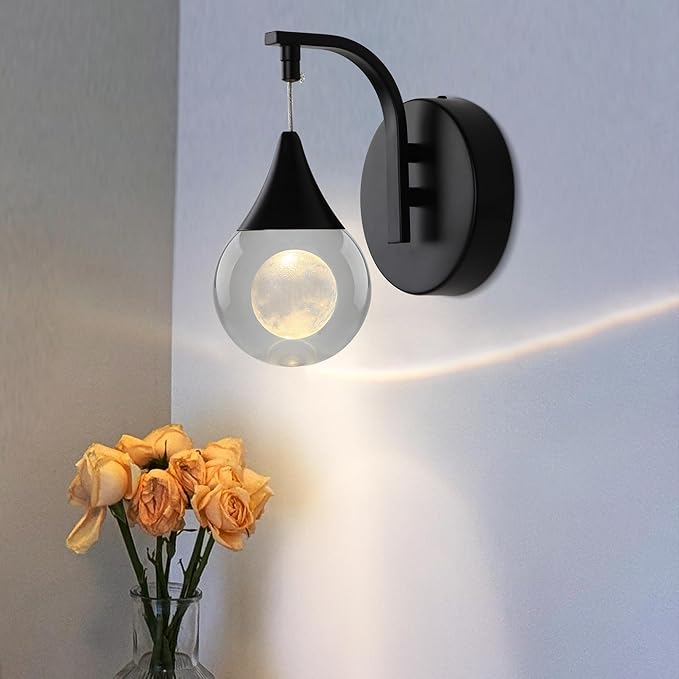 Crystal Moon Globe Wall Sconce Light, 5W Led Wall Lamp for Bedroom Living Room Hallway, 3300k Warm White | Dimmable | Matte Black