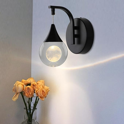 Crystal Moon Globe Wall Sconce Light, 5W Led Wall Lamp for Bedroom Living Room Hallway, 3300k Warm White | Dimmable | Matte Black