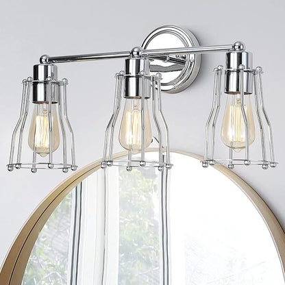 JONATHAN Y 24" Chrome Modern Industrial Metal Vanity Light, Bathroom Sconce for Mirror, Reversible 3-Light Wall Lamp with Metal Cage Shade for Hallway, LED Bulb Included (JYL7417A)