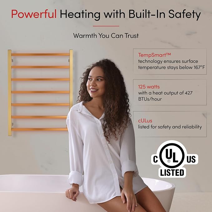 WarmlyYours Tahoe Heated Towel Rack, 7 Bars, Brushed Gold | Hardwired 120V heated towel rack for spa-like bathroom comfort, 427 BTU/hr, energy-efficient towel drying