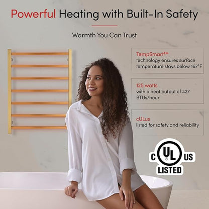 WarmlyYours Tahoe Heated Towel Rack, 7 Bars, Brushed Gold | Hardwired 120V heated towel rack for spa-like bathroom comfort, 427 BTU/hr, energy-efficient towel drying