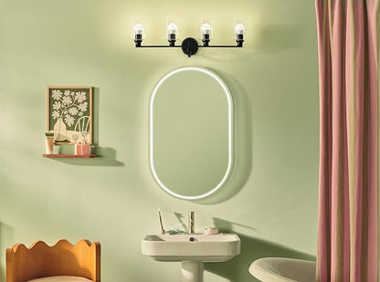 Kichler Gioe 32.25" 4-Light Vanity Light with Clear Fluted Glass in Black, Damp Rated, for Bathroom,Powder Room, Over a Mirror, (32.25" W x 10.5" H), 55227BKFLU