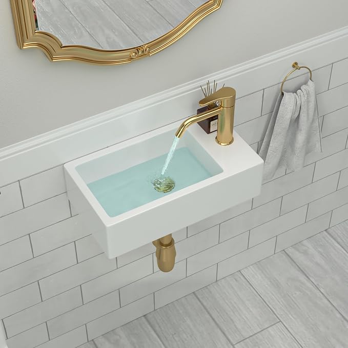 Wall Mount White Ceramic Bathroom Sink | Beslend 18x10 Small Wall Mounted Rectangle Sink White Porcelain Sink with Single Faucet Hole Wall Hung Hand Wash Art Basin