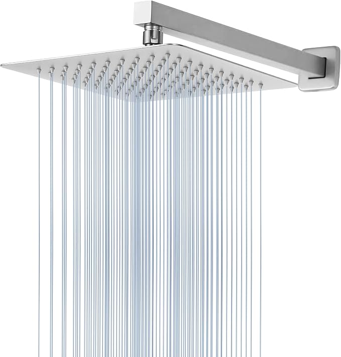 Voolan All Metal Shower Head with Extension Arm, Stainless Steel Waterfall Rainfall Showerheads, High Flow Bathroom Square Rain Shower Head (10’’ Shower Head with 16’’ Shower Arm, Chrome)