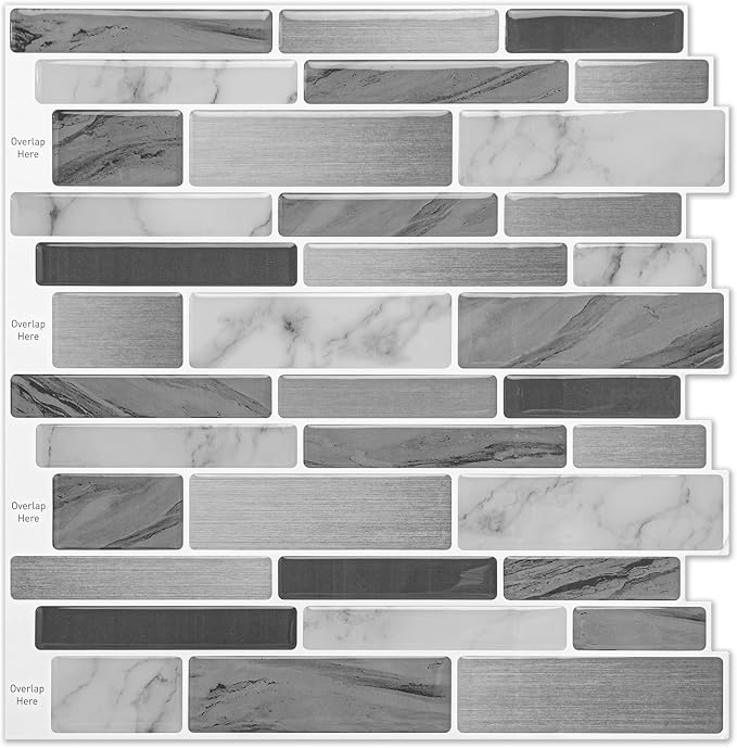 LONGKING Peel and Stick Backsplash Tile for Kitchen, Stick on Tile on Wall, Bathroom (Grey Marbling) | Peel and stick backsplash, self-adhesive wall tile, Grey Marbling, waterproof, kitchen bathroom wall